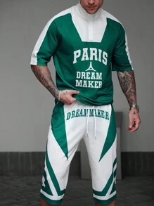 Manfinity EMRG 2pcs Men's Letter Print Zipper Henley Short Sleeve Basketball Jersey Style T-Shirt And Shorts Set,Street Wearing - Multicolor - View 6