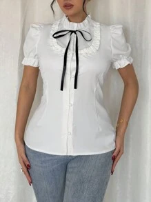Rafferiza Ruffle Elastic Cuff Bowknot Blouse