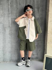 SHEIN 2pcs Kid Tween Boy Korean-Style Casual Versatile Comfortable Contrast Color Collar Patchwork Short Sleeve Loose Open Front Shirt And Shorts Set, Suitable For School, Garden, Beach, Birthday, Spring, Summer, Fall, Winter