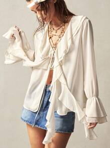 Bohemela BOHO Tropical Vacation Boho Woman Clothes Long Sleeve Loose Fit Solid Color Ruffle Trim Ladies Blouse - White - View 1