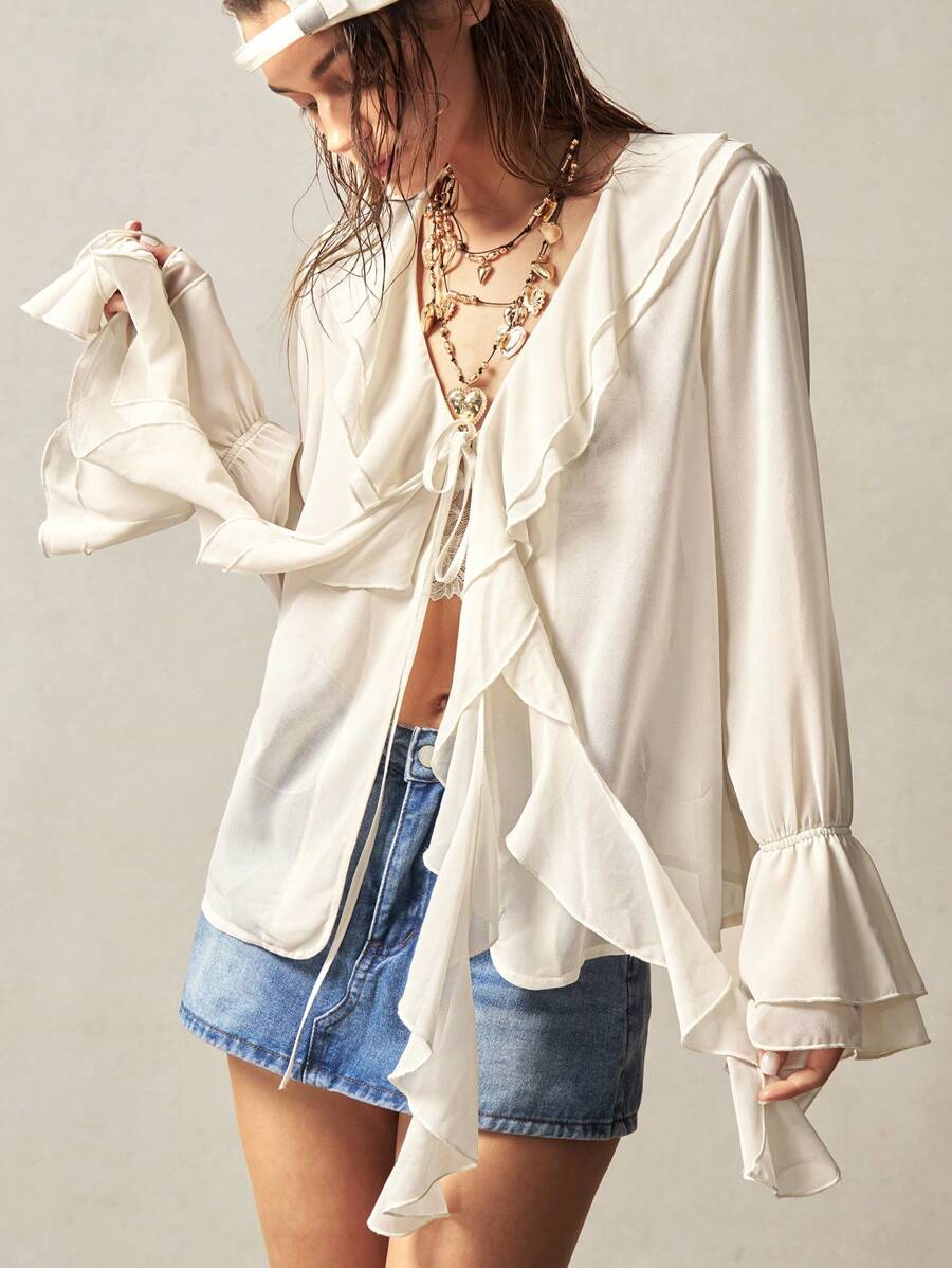 Bohemela BOHO Tropical Vacation Boho Woman Clothes Long Sleeve Loose Fit Solid Color Ruffle Trim Ladies Blouse - White - View 1