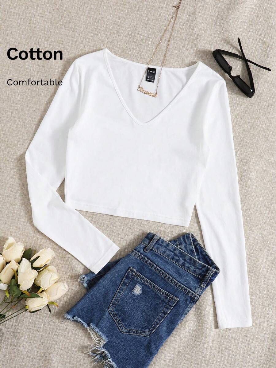 SHEIN EZwear Solid V Neck Crop Tee - Beige - View 1