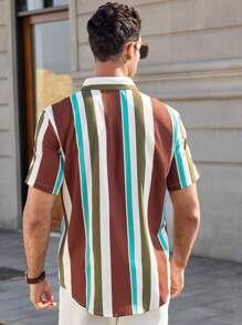 Manfinity Homme 男士休闲条纹短袖单排扣衬衫