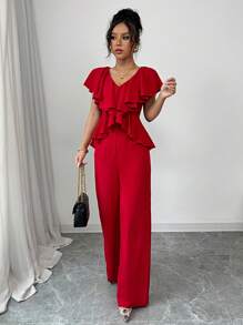 Chiquease Ruffled Waist Elegant Fashionable Vacation Jumpsuit, Red - Red - View 6