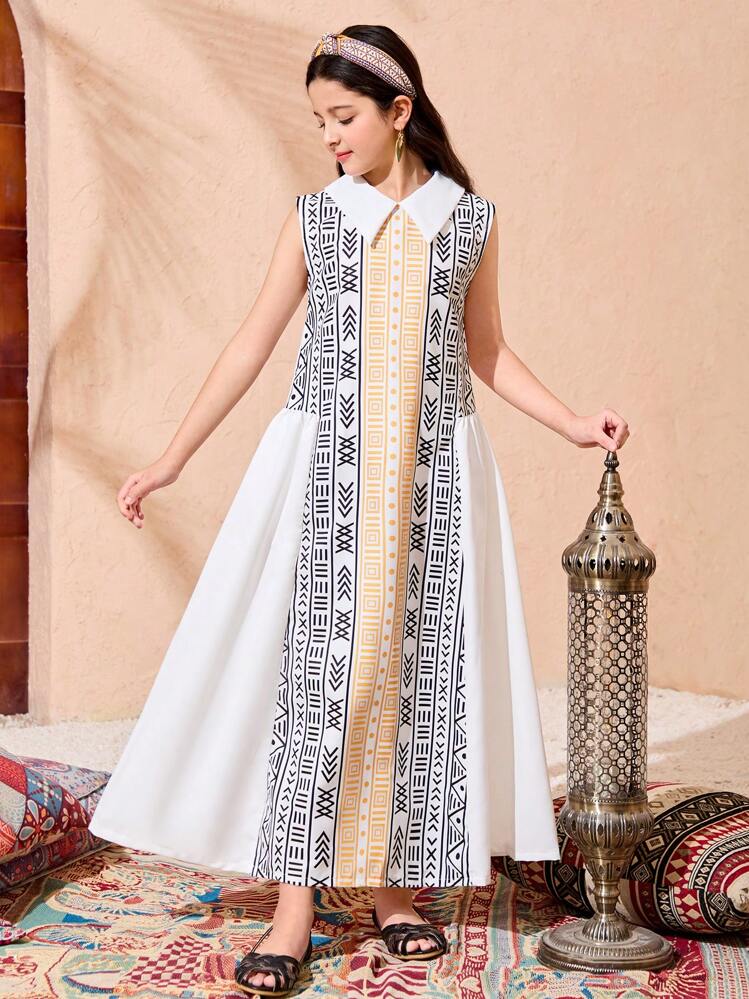 女童白色领口正面印花和侧边拼接褶皱下摆修身连衣裙 - 彩色 - 查看 4