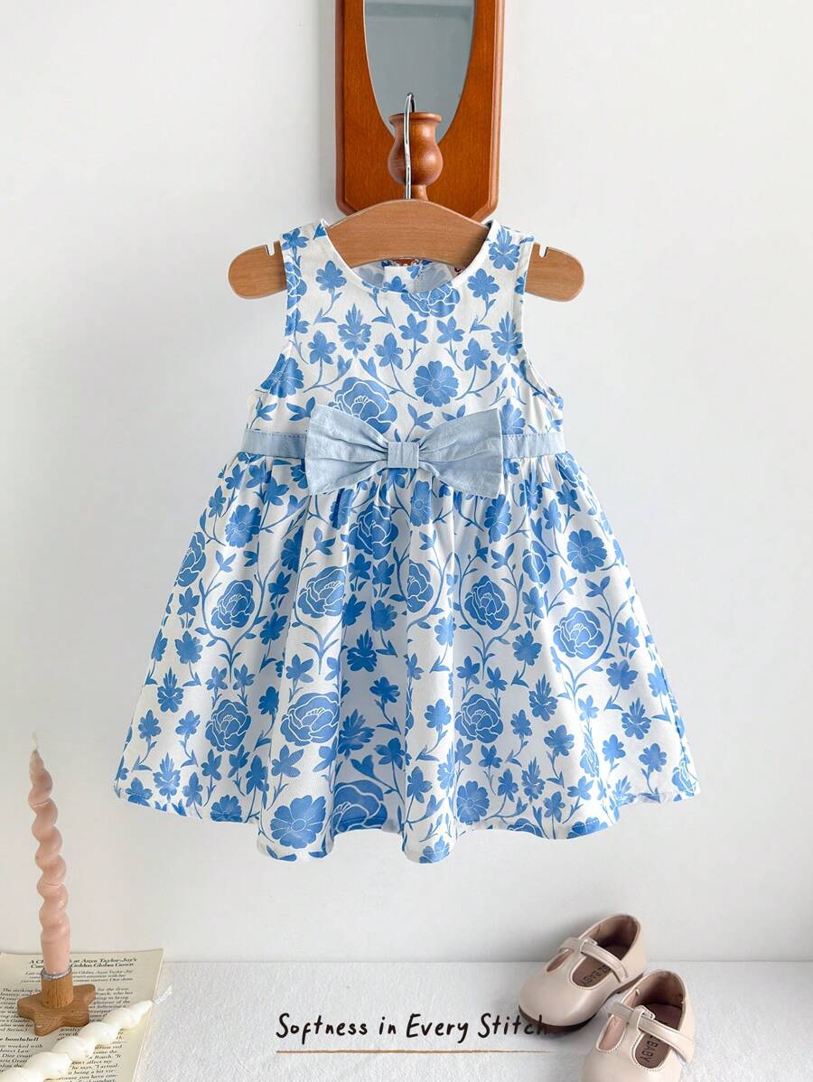 Cozy Pixies 女婴碎花蝴蝶结装饰圆领无袖高腰连衣裙 - 藍色 - 查看 1