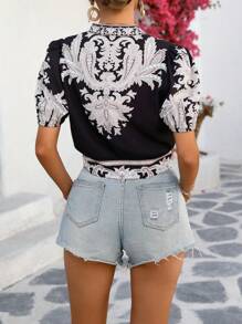 SHEIN Clasi Thời trang giải trí mới kỳ nghỉ in cổ đứng tay bồng nút eo ôm vừa vặn cho nữ áo sơ mi - Nhiều màu - Xem 2