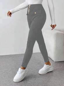 Chiquease Pantalones casuales sencillos y ajustados de unicolor con bolsillo y botones frontales para mujer
