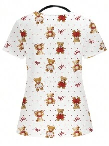 PopScrub 卡通熊印花短袖女式护士制服上衣 - 白色 - 查看 3