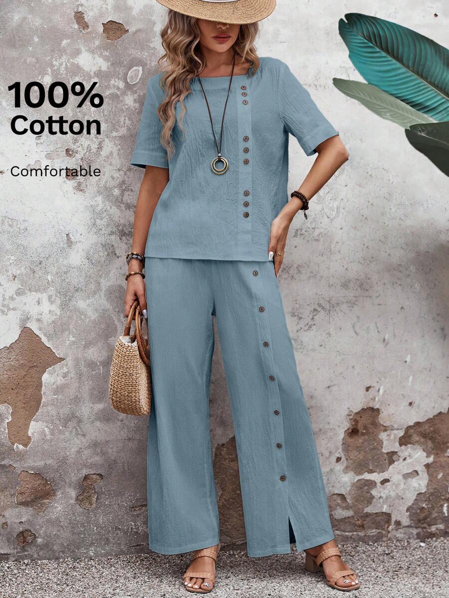 EMERY ROSE Women's Plain Loose Fit Suit With Buttons Down The Front For Spring/Summer Vacation - Blue - View 1