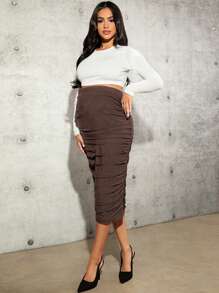 SHEIN Maternity Solid High Waist Ruched Fitted Skirt - Brown - View 5