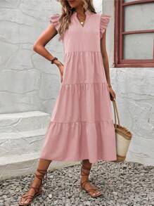 EMERY ROSE Notched Neckline Ruffle Trim Smock Dress Maxi Vacation Beach Outfits Women - Pink - View 3