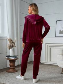 SHEIN LUNE 2pcs/Set Women Casual Hooded Velvet Long Sleeve Outfit, Autumn