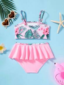SHEIN Babygirl Cute Knitted Bow Strap Top & Shorts 2pcs Swimsuit Set, Summer