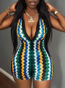 Slaydiva Summer Casual Street Style Colorful Polo Collar Sleeveless Bodycon Mini Jumpsuit-B