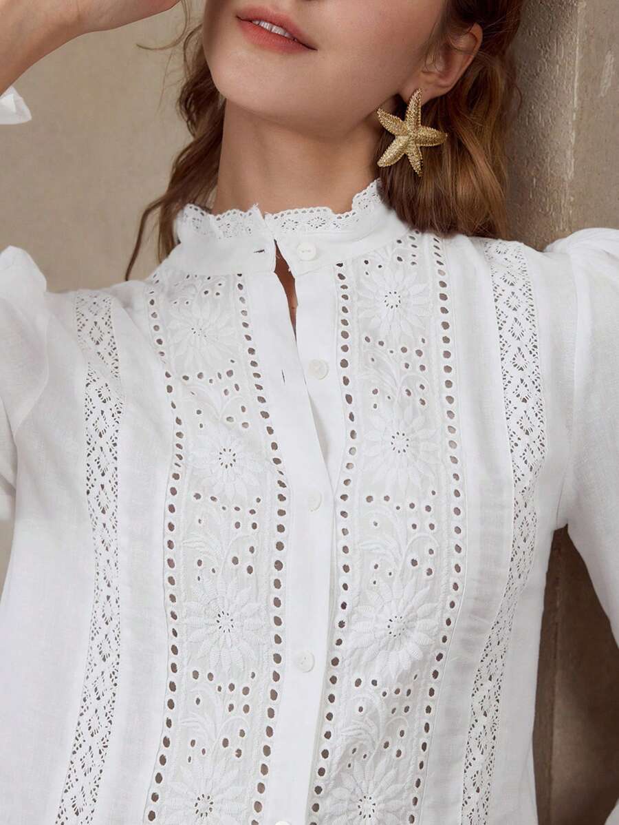 MOTF PREMIUM 女士优雅亚麻刺绣花卉蕾丝边长袖衬衫