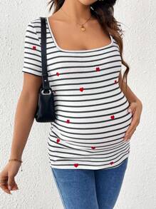 SHEIN Heart Embroidery Striped Fitted Maternity T-Shirt