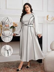 Modelyn 大码女式优雅灯笼袖圆领下摆设计连衣裙