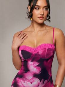Silquee 性感粉色渐变大花卉印花蕾丝修身长裙，浪漫花卉印花，适合情人节、约会、派对、婚礼、正式场合、日常穿着 - 彩色 - 查看 2