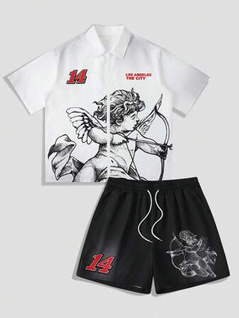 Street Life Men Angel Print Short Sleeve Shirt & Shorts Suit For Men