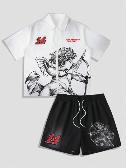 Street Life Men Angel Print Short Sleeve Shirt & Shorts Suit For Men