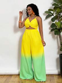 Slaydiva Combinaison / Barboteuse d'été pour femmes, grande taille / tenue occidentale, avec bloc de couleurs, torsion sur la poitrine, jambes larges / baggy, fluide / pantalon palazzo, bretelles fines