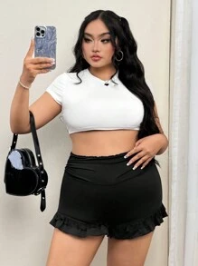 SHEIN ICON Plus Size Black High Waist Ruffle Trim Shorts For Summer