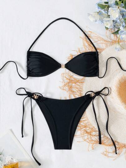 Swim Vcay Summer 2 Pieces Women Solid Color Sexy Halter Crop Top And Lace-Up Side Slit Swimwear With Metal Starfish Decor, Minimalist Adult Bikini Set, Fashion Forward For Vacation