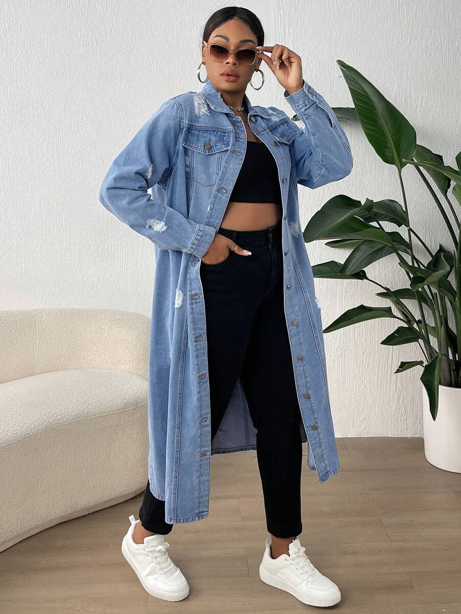 SHEIN Lady Plus Size Button Front Long Sleeve Pocket Distressed Long Denim Jacket, Fall Women Clothes