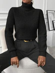 EMERY ROSE Turtleneck Ribbed Knit Sweater,Long Sleeve Tops Knit Pullover Fall Winter Outfit - Black - View 9