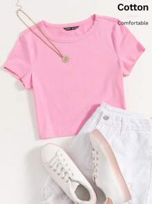 SHEIN EZwear 休闲纯色短款T恤，夏季百搭