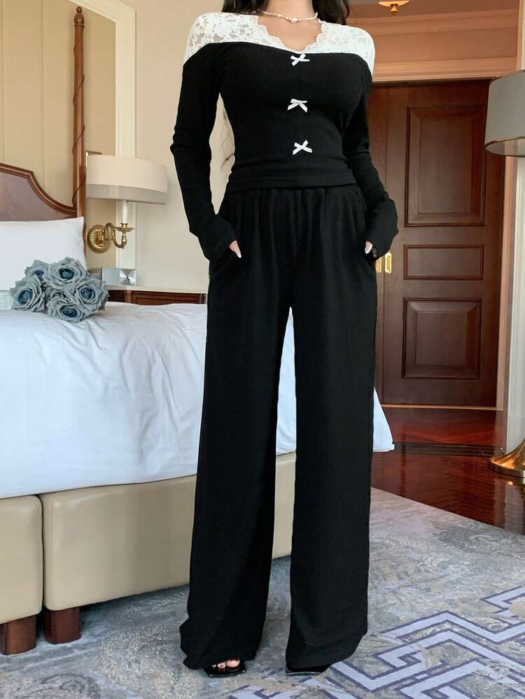 2pcs Mesh Lace Contrast Color Patchwork Bow Decor Set For Women, Spring,Fall Women Clothes