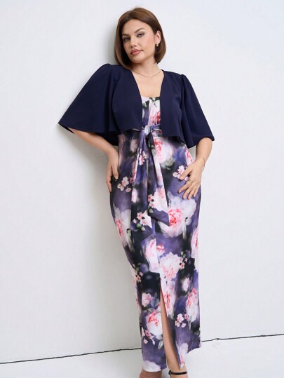 SHEIN Clasi Set de 2 piezas vestido estampado floral elegante sin tirantes con cárdigan de talla grande