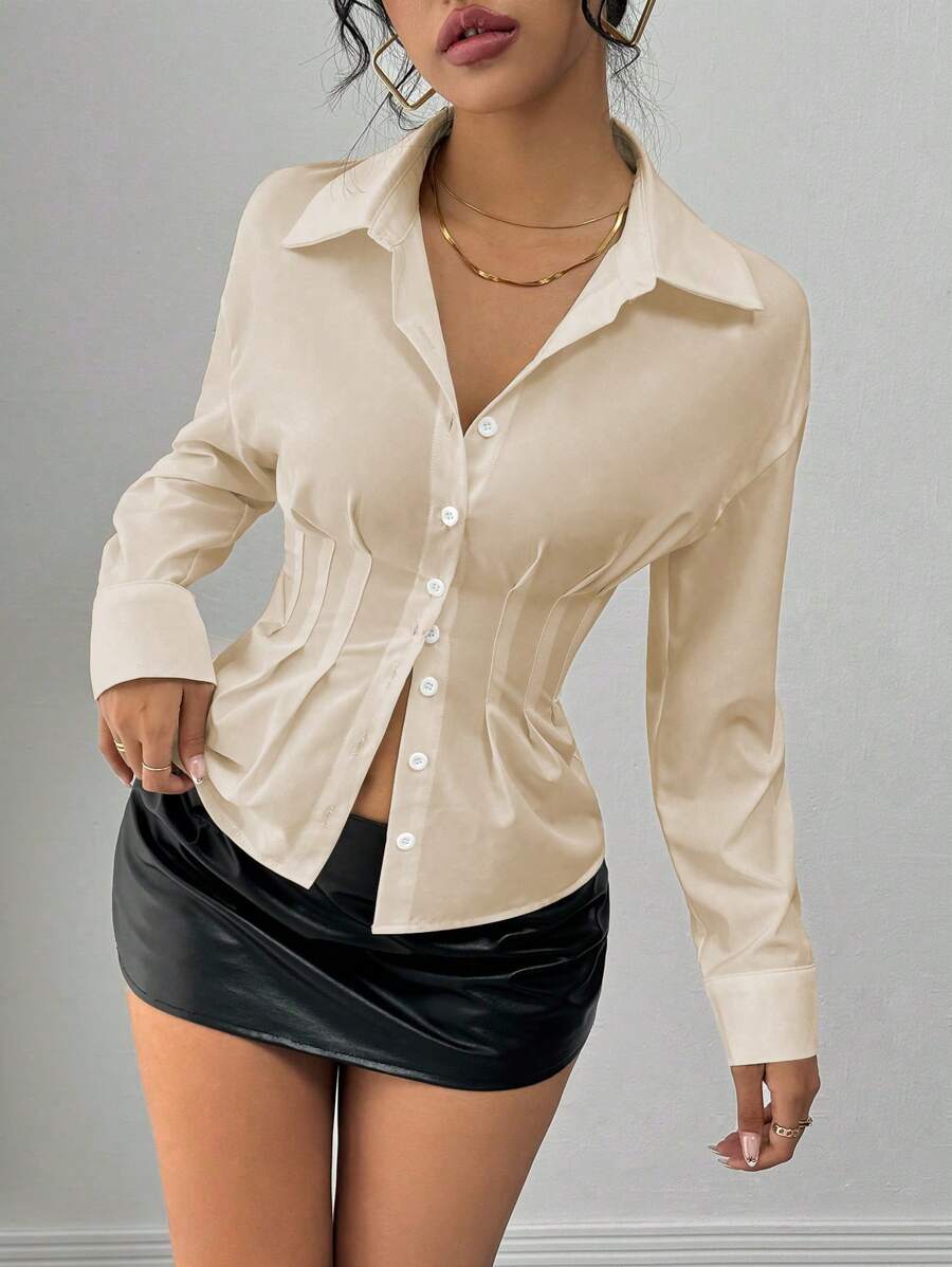 Chiquease 收腰褶皱女式长袖时尚衬衫 - 卡其色 - 查看 1