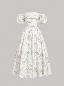 SHEIN MOD Women's Open Shoulder Puff Sleeve Ditsy Floral White Mid-Length Dress, Summer,Boho Women Clothing,Easter Dress Women,Tea Party Dress,Summer Dresses For Women,White Graduation Dress