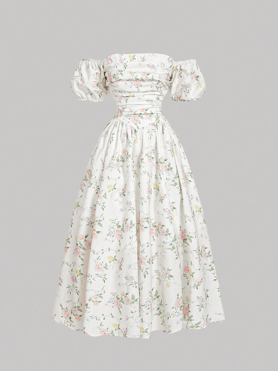 SHEIN MOD Women's Open Shoulder Puff Sleeve Ditsy Floral White Mid-Length Dress, Summer,Boho Women Clothing,Easter Dress Women,Tea Party Dress,Summer Dresses For Women,White Graduation Dress