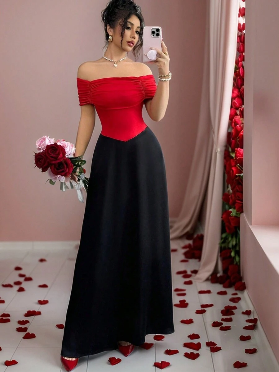 Elenzga Women's Elegant French Carnival/Easter/Valentine's Day Date Party Dress, Red Off Shoulder Color Block Ruffle Fitted Ankle-Length A-Line Gown
