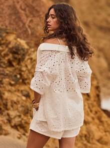 Aralina 夏日假期刺绣细节短袖前扣衬衫 - 白色 - 查看 4