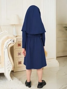 SHEIN Ramadan Young Girl Ruffled Long Sleeve Dress & Headscarf 2 Pieces Set, Traditional Style, Spring/Summer - Navy Blue - View 2