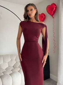 Siren Gaze 女士纯色不对称系带前开衩优雅连衣裙 - 酒紅色 - 查看 4