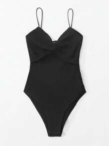 SHEIN EZwear Twist Front Rib-knit Slip Bodysuit - Black - View 3