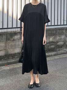 FRIFUL 女式荷叶边拼接宽松圆领连衣裙太阳裙 - 黑色 - 查看 2