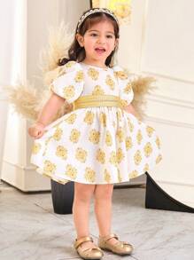 SHEIN Baby Girls' Elegant Cute Faux Gold Metallic Ribbon Decor Waist Ruffle Hem Short Sleeve Dress - White - View 5