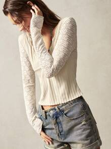 Bohemela Boho 1 Pc Women Fitted V-Neck Long Sleeve Solid Color Knit Blouse - Beige - View 5