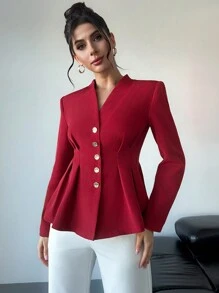 SHEIN Privé Elegancka damska marynarka z wyściełanymi ramionami i plisowaną talią - Burgund - Zobacz 2