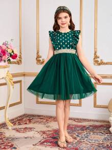 Tween Girls Elegant Ruffle Hem Foil Printed Mesh Party Dress For Spring/Summer - Dark Green - View 3