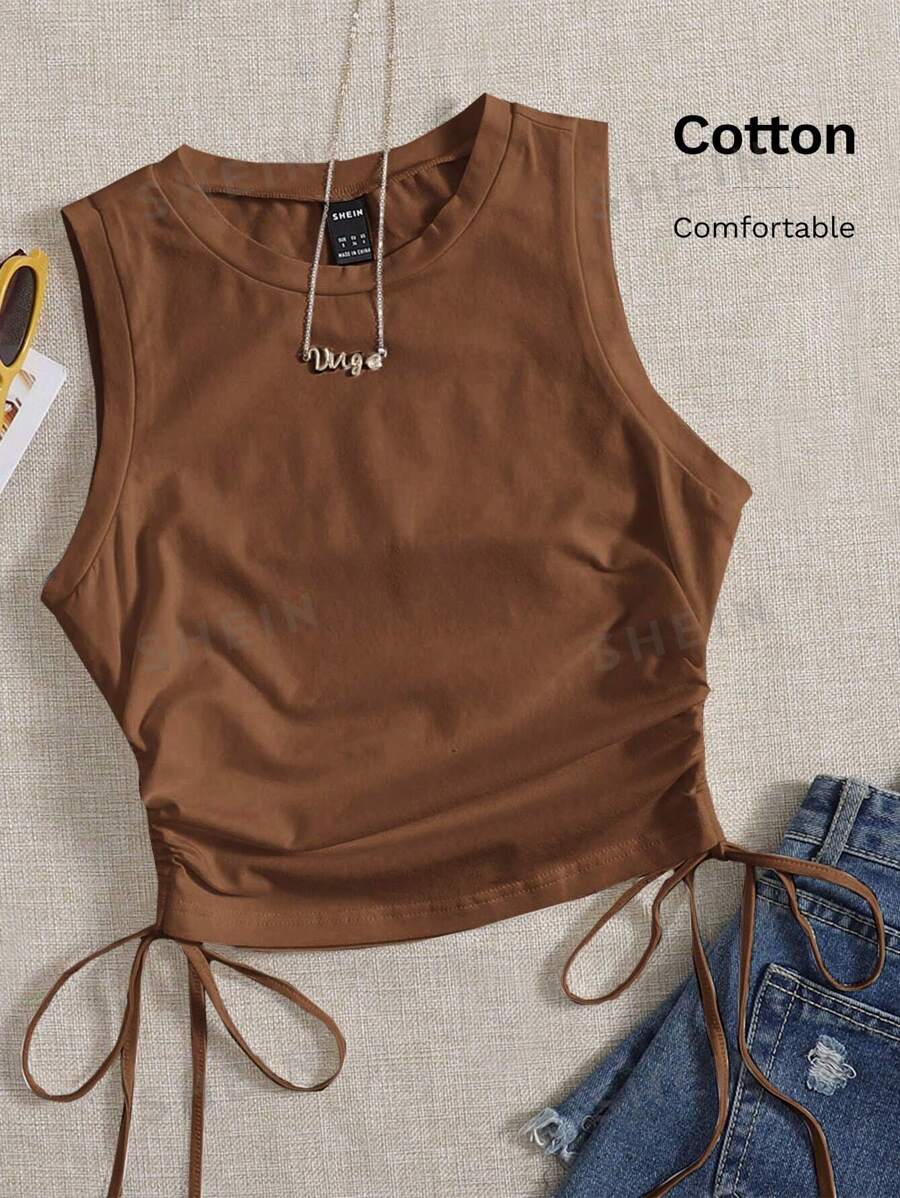 SHEIN EZwear Top corto de tirantes con cordón y fruncido en los laterales para el verano - Marrón - Ver 1
