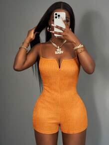 Slaydiva 新款 V 领无袖纹理面料连体裤，橙色 - B，适合春夏季度假休闲装