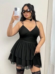 SHEIN ICON Falda midi negra de talla grande con escote en V, plisado en la cintura y doble capa