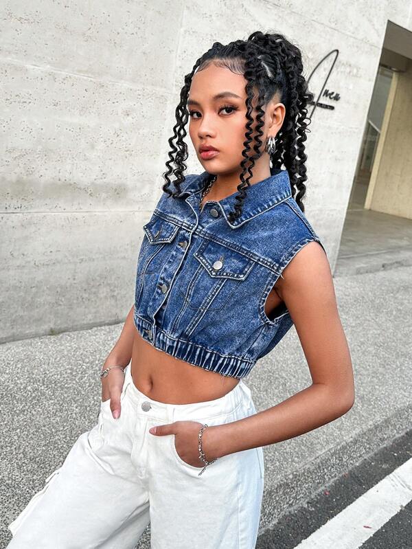 SHEIN Teenager Mädchen Y2K blau Jeans eng anliegende Trägershorts und Weste Set, Mädchen Frühling und Sommer lässige Urlaubs Boho Homewear, Mädchen mehrfach Cargo Taschen Western Streetwear für coole Outfit auf der Straße